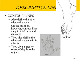 32
DESCRIPTIVE LINES
• CONTOUR LINES-
– Also define the outer
edges of shapes.
– Unlike outlines,
however, contour lines
vary in thickness and
darkness.
– They also define the
edges of shapes within
a form.
– They give a greater
sense of depth to the
object.
 