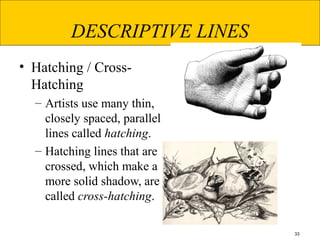 33
DESCRIPTIVE LINES
• Hatching / Cross-
Hatching
– Artists use many thin,
closely spaced, parallel
lines called hatching.
– Hatching lines that are
crossed, which make a
more solid shadow, are
called cross-hatching.
 