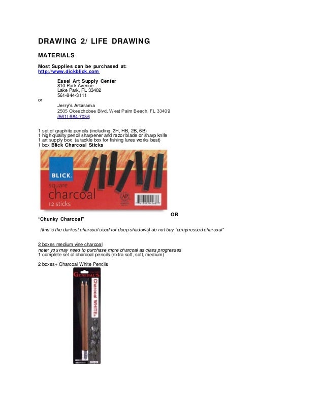 Materials List: Drawing 2/Life Drawing