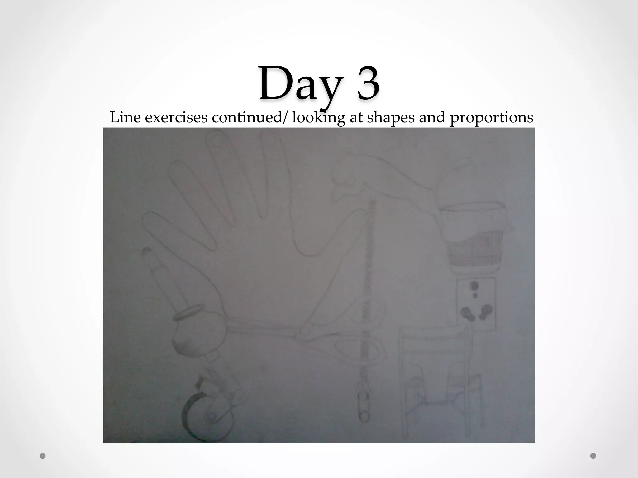 Day  3	
Line  exercises  continued/  looking  at  shapes  and  proportions	
 