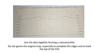 Join the dots together forming a natural profile.
Do not ignore the original map, especially to complete the edges and to mark
the top of the hills
 