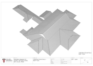 DOH − CDRT1
55MR. IZWAN
47
18 / 01 / 2015
CONSTRUCTION DETAILS −
ROOF TILES
DRAWINGS TITLE
STARTING DATE
02 / 03 / 2015
SCALE
DRAWN BY
CHECKED BY
MEASURED BY
DRAWING NO. SHEET NO.
MEASURED DRAWINGS OF
DISTRICT OFFICER’S HOUSE,
BATU GAJAH, PERAK DISTRICT OFFICER’S GROUP
DISTRICT OFFICER’S GROUP
PROJECT TITLE
DATE
N.T.S
CONSTRUCTION DETAILS
ROOF TILES
 