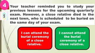 Your teacher reminded you to study your
previous lessons for the upcoming quarterly
exam. However, a close relative died in the
next town, who is scheduled to be buried on
the same day of your exam.
4
I can attend the
burial ceremony
of a close
relative.
I cannot attend
the burial
ceremony of a
close relative.
 