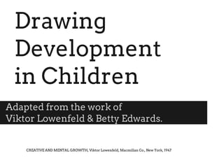 Drawing
Development
in Children
Adapted from the work of
Viktor Lowenfeld & Betty Edwards.
CREATIVE AND MENTAL GROWTH, Viktor Lowenfeld, Macmillan Co., New York, 1947
 