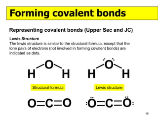 Forming covalent bonds
Representing covalent bonds (Upper Sec and JC)
Lewis Structure
The lewis structure is similar to the structural formula, except that the
lone pairs of electrons (not involved in forming covalent bonds) are
indicated as dots.


                     O                                     O
          H                    H               H                     H
             Structural formula                        Lewis structure

                                                                       

          O C O                                O C O
                                             




                                                                              
                                                                                   18
 