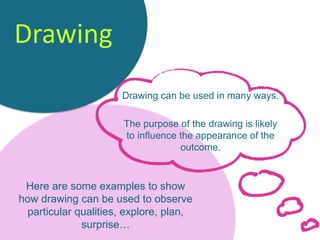 Here are some examples to show
how drawing can be used to observe
particular qualities, explore, plan,
surprise…
Drawing can be used in many ways.
The purpose of the drawing is likely
to influence the appearance of the
outcome.
Drawing
 