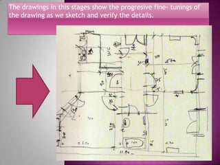 The drawings in this stages show the progresive fine- tunings of
the drawing as we sketch and verify the details.
 
