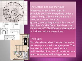 The section line and the walls
When you draw a floor plan, in
principle you show everything under a
certain heigth. By convertions this is
fixed at 1 meter from the
ground, everything above is left out of
the plan. On the floor plan these are
shown cut off. To diference the section
it is drawn with a Heavy Line.

The Stairs
You also shows what is under the stairs
for example a small storage space. The
banister is show by two lines and
indicate the direction of the stairs draw
a arrow, always indicating upstairs.
 