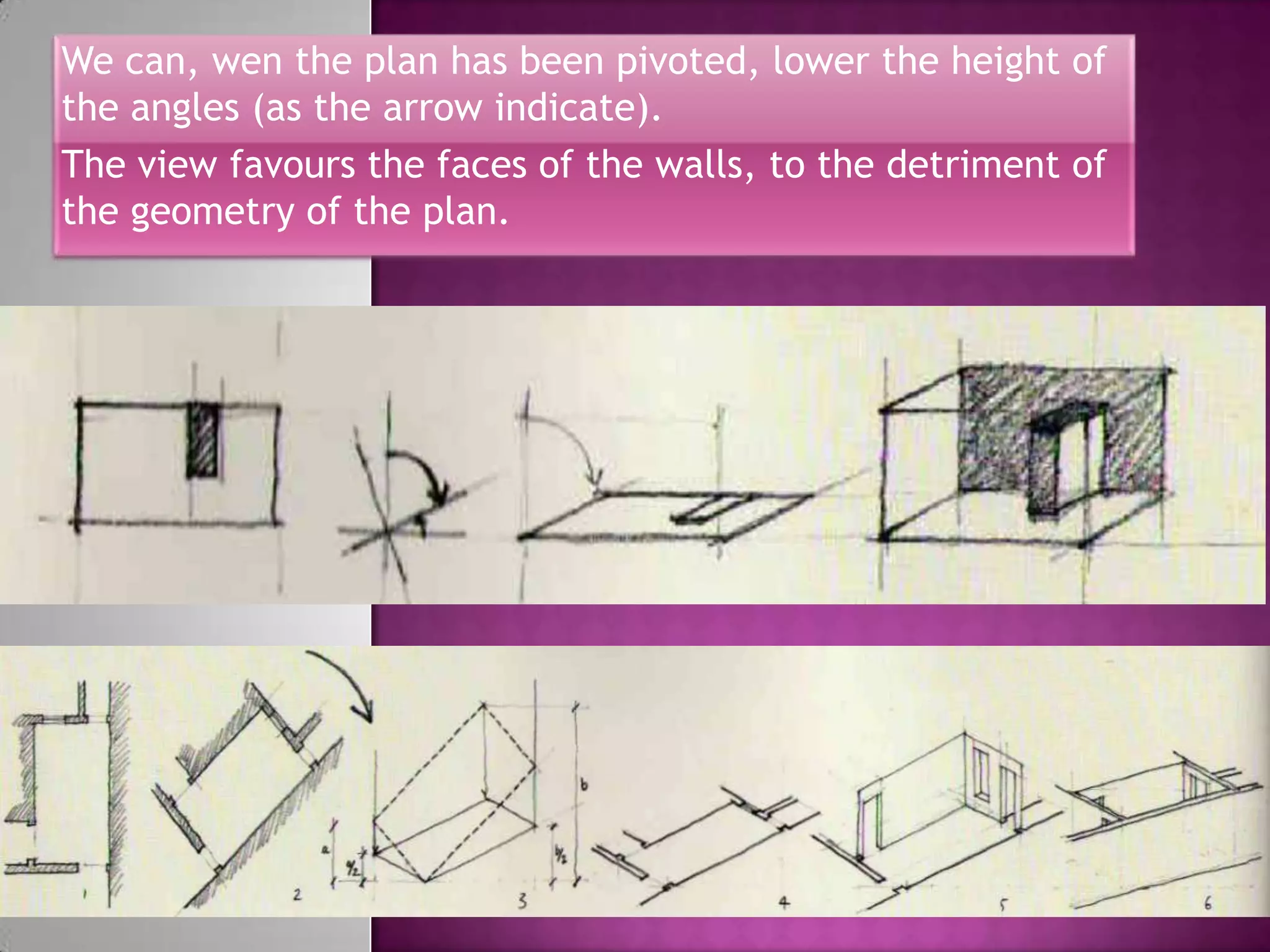 We can, wen the plan has been pivoted, lower the height of
the angles (as the arrow indicate).
The view favours the faces of the walls, to the detriment of
the geometry of the plan.
 