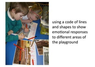 using a code of lines 
and shapes to show 
emo<onal responses 
to diﬀerent areas of 
the playground 
 