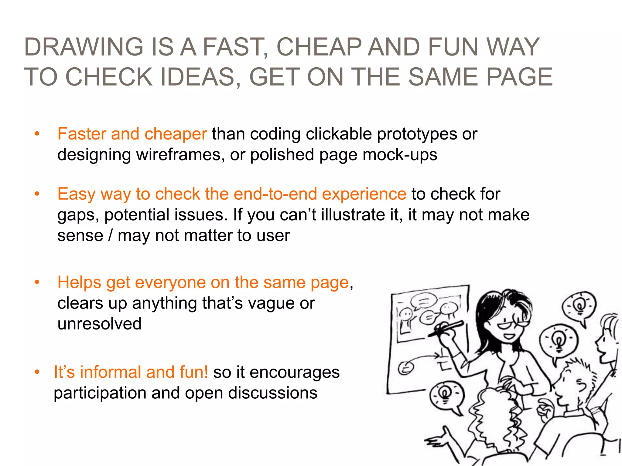 DRAWING IS A FAST, CHEAP AND FUN WAY
TO CHECK IDEAS, GET ON THE SAME PAGE
12
• Easy way to check the end-to-end experience to check for
gaps, potential issues. If you can’t illustrate it, it may not make
sense / may not matter to user
• Helps get everyone on the same page,
clears up anything that’s vague or
unresolved
• Faster and cheaper than coding clickable prototypes or
designing wireframes, or polished page mock-ups
• It’s informal and fun! so it encourages
participation and open discussions
 