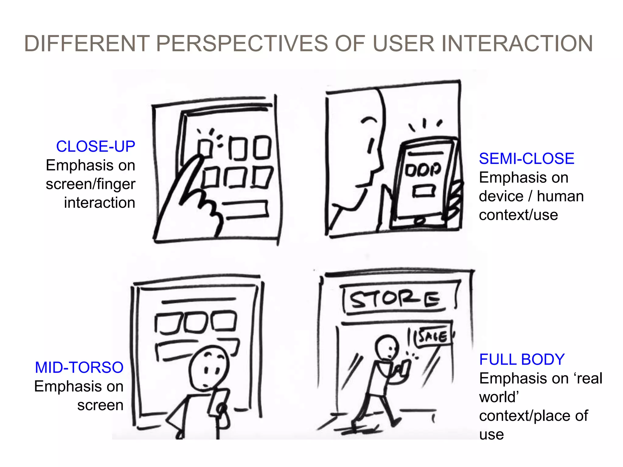 DIFFERENT PERSPECTIVES OF USER INTERACTION
PICTURES > WORDS: STORYBOARDING AT EBAY 44
CLOSE-UP
Emphasis on
screen/finger
interaction
MID-TORSO
Emphasis on
screen
SEMI-CLOSE
Emphasis on
device / human
context/use
FULL BODY
Emphasis on ‘real
world’
context/place of
use
 