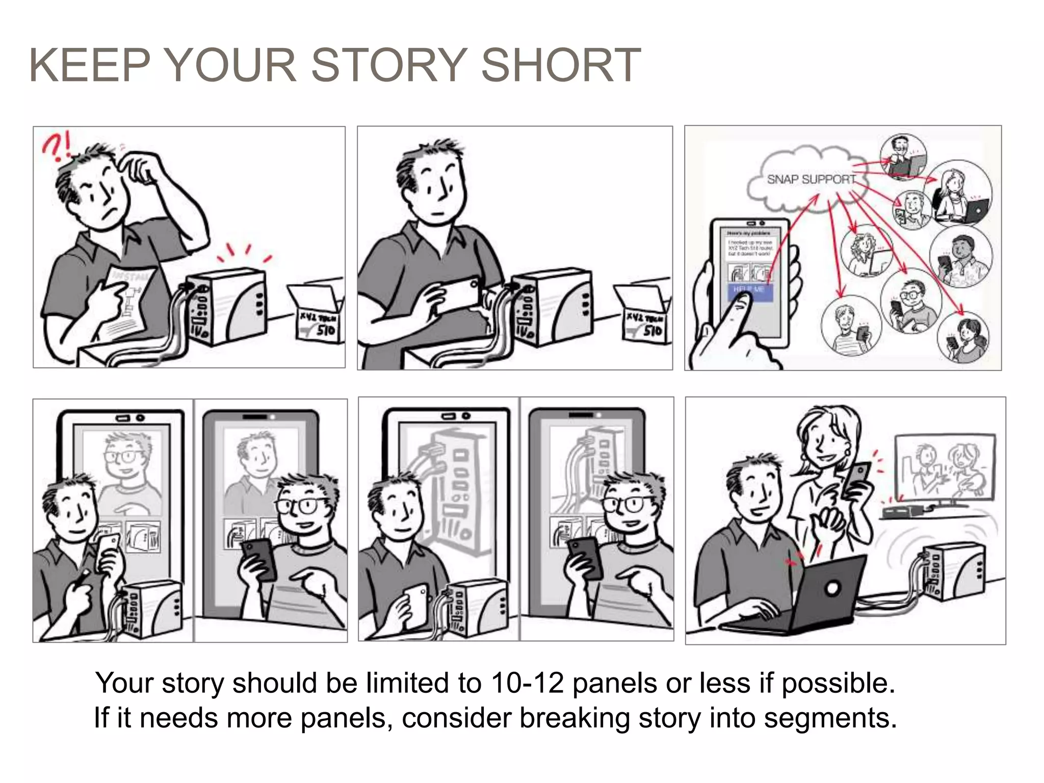 KEEP YOUR STORY SHORT
53
Your story should be limited to 10-12 panels or less if possible.
If it needs more panels, consider breaking story into segments.
 