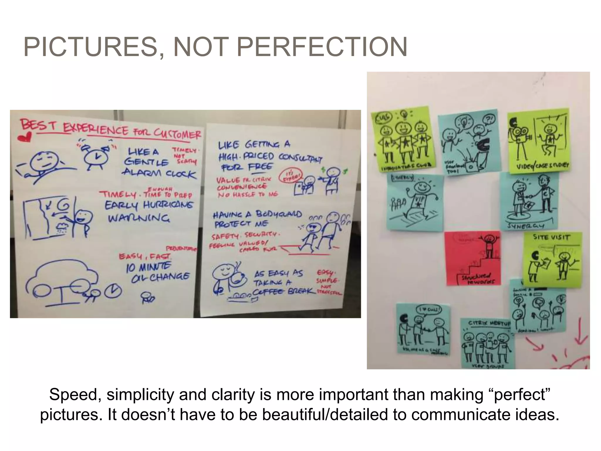 PICTURES, NOT PERFECTION
58
Speed, simplicity and clarity is more important than making “perfect”
pictures. It doesn’t have to be beautiful/detailed to communicate ideas.
 