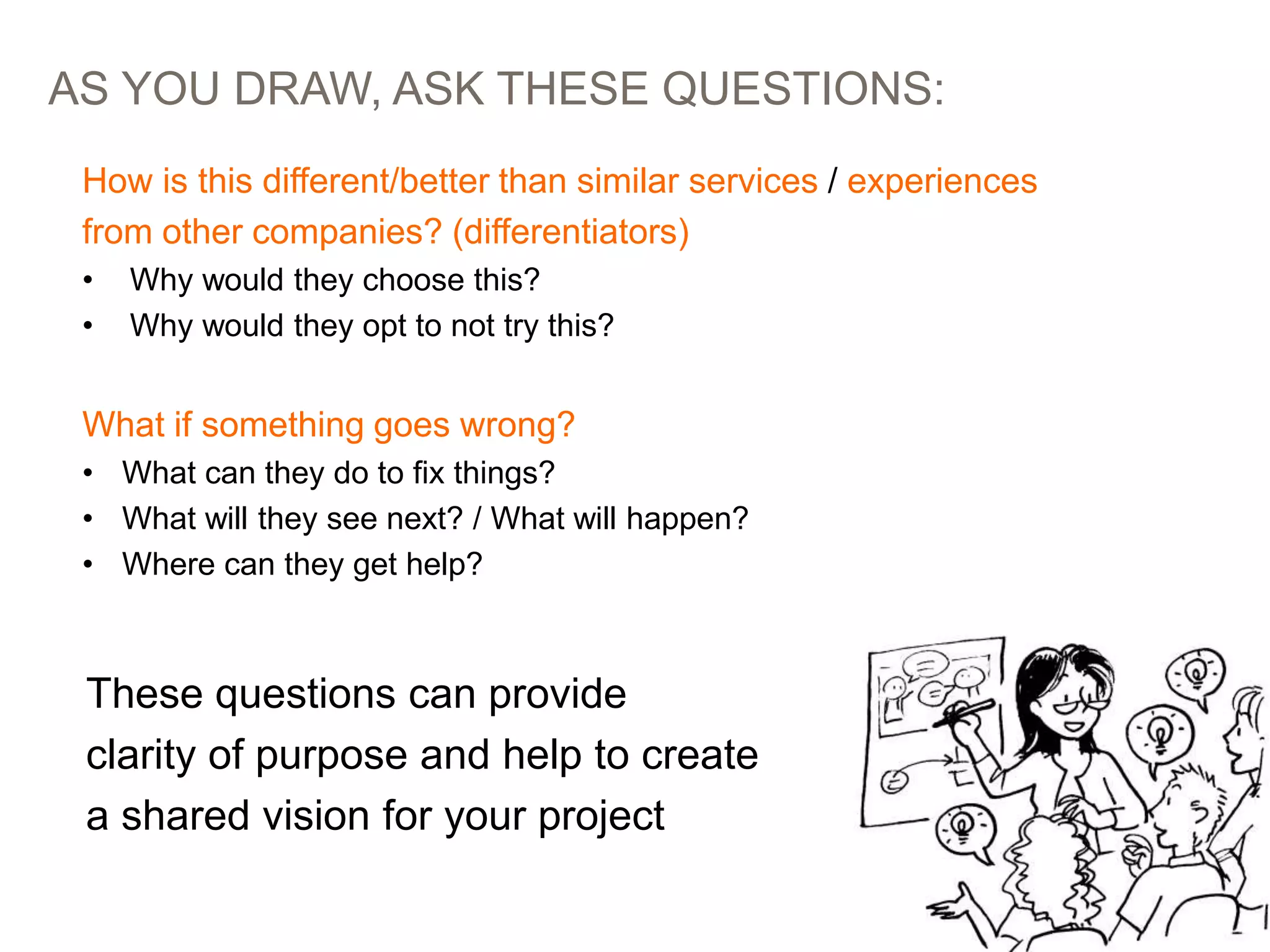 AS YOU DRAW, ASK THESE QUESTIONS:
PICTURES > WORDS: STORYBOARDING AT EBAY 62
How is this different/better than similar services / experiences
from other companies? (differentiators)
• Why would they choose this?
• Why would they opt to not try this?
What if something goes wrong?
• What can they do to fix things?
• What will they see next? / What will happen?
• Where can they get help?
These questions can provide
clarity of purpose and help to create
a shared vision for your project
 