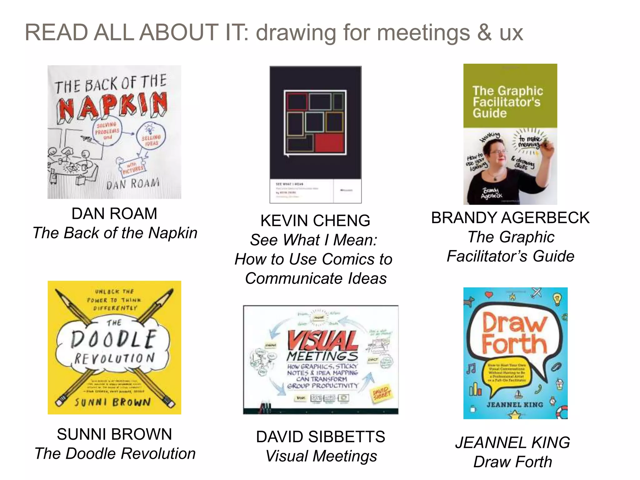 64
READ ALL ABOUT IT: drawing for meetings & ux
BRANDY AGERBECK
The Graphic
Facilitator’s Guide
DAVID SIBBETTS
Visual Meetings
DAN ROAM
The Back of the Napkin
KEVIN CHENG
See What I Mean:
How to Use Comics to
Communicate Ideas
SUNNI BROWN
The Doodle Revolution
JEANNEL KING
Draw Forth
 