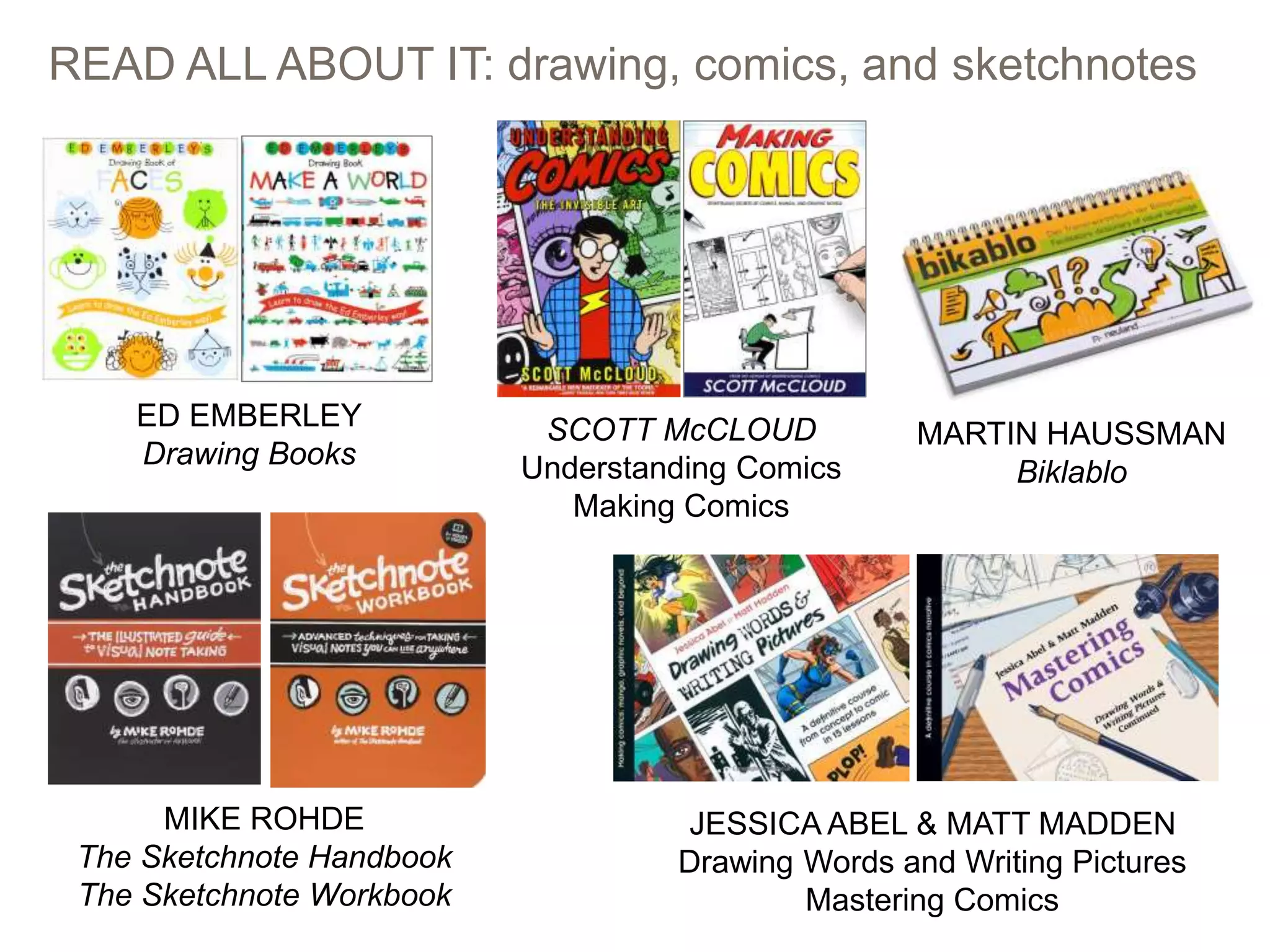 65
READ ALL ABOUT IT: drawing, comics, and sketchnotes
SCOTT McCLOUD
Understanding Comics
Making Comics
ED EMBERLEY
Drawing Books
MIKE ROHDE
The Sketchnote Handbook
The Sketchnote Workbook
MARTIN HAUSSMAN
Biklablo
JESSICA ABEL & MATT MADDEN
Drawing Words and Writing Pictures
Mastering Comics
 