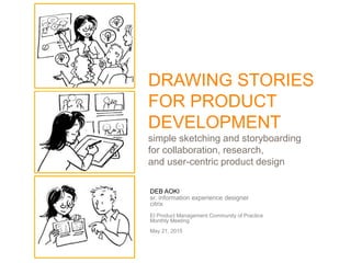 DEB AOKI
sr. information experience designer
citrix
EI Product Management Community of Practice
Monthly Meeting
May 21, 2015
DRAWING STORIES
FOR PRODUCT
DEVELOPMENT
simple sketching and storyboarding
for collaboration, research,
and user-centric product design
 