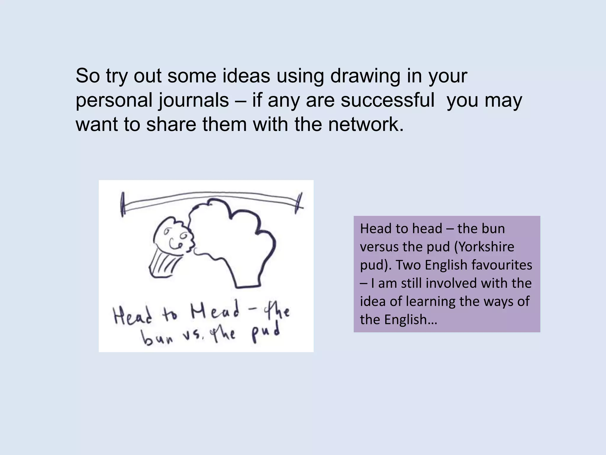 So try out some ideas using drawing in your
personal journals – if any are successful you may
want to share them with the network.
Head to head – the bun
versus the pud (Yorkshire
pud). Two English favourites
– I am still involved with the
idea of learning the ways of
the English…
 