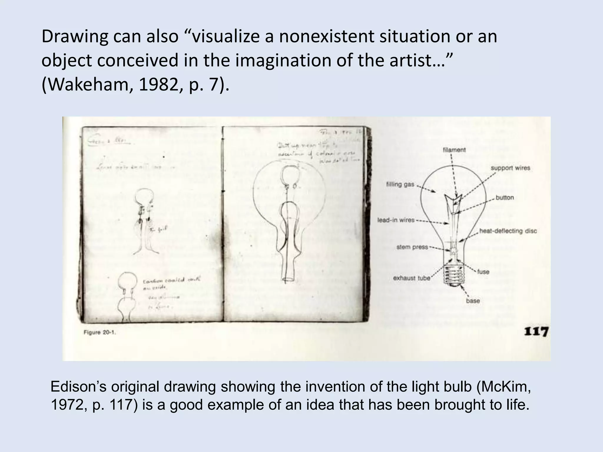 Drawing can also “visualize a nonexistent situation or an
object conceived in the imagination of the artist…”
(Wakeham, 1982, p. 7).
Edison’s original drawing showing the invention of the light bulb (McKim,
1972, p. 117) is a good example of an idea that has been brought to life.
 
