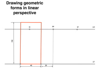 Drawing geometric
  forms in linear
    perspective


          D              PP   D’   LH
  100




                                   LT

           40       20
 
