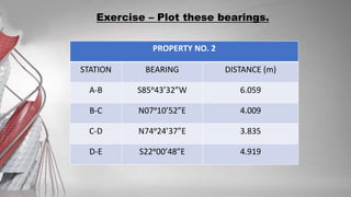 Exercise – Plot these bearings.
PROPERTY NO. 2
STATION BEARING DISTANCE (m)
A-B S85ᵒ43’32”W 6.059
B-C N07ᵒ10’52”E 4.009
C-D N74ᵒ24’37”E 3.835
D-E S22ᵒ00’48”E 4.919
 