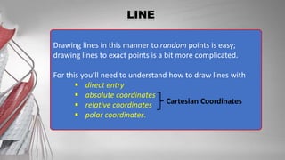 LINE
Drawing lines in this manner to random points is easy;
drawing lines to exact points is a bit more complicated.
For this you’ll need to understand how to draw lines with
 direct entry
 absolute coordinates
 relative coordinates
 polar coordinates.
Cartesian Coordinates
 