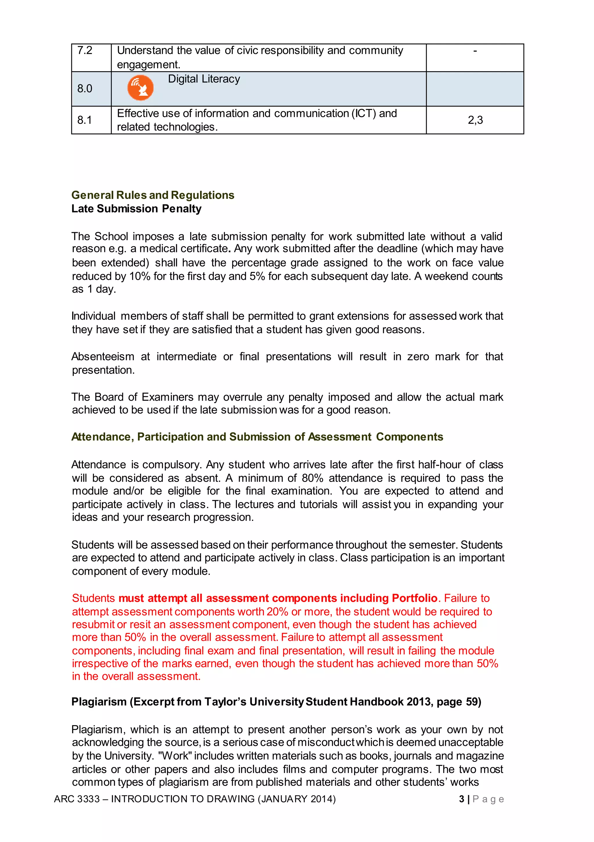ARC 3333 – INTRODUCTION TO DRAWING (JANUARY 2014) 3 | P a g e
7.2 Understand the value of civic responsibility and community
engagement.
-
8.0
Digital Literacy
8.1
Effective use of information and communication (ICT) and
related technologies.
2,3
General Rules and Regulations
Late Submission Penalty
The School imposes a late submission penalty for work submitted late without a valid
reason e.g. a medical certificate. Any work submitted after the deadline (which may have
been extended) shall have the percentage grade assigned to the work on face value
reduced by 10% for the first day and 5% for each subsequent day late. A weekend counts
as 1 day.
Individual members of staff shall be permitted to grant extensions for assessed work that
they have set if they are satisfied that a student has given good reasons.
Absenteeism at intermediate or final presentations will result in zero mark for that
presentation.
The Board of Examiners may overrule any penalty imposed and allow the actual mark
achieved to be used if the late submission was for a good reason.
Attendance, Participation and Submission of Assessment Components
Attendance is compulsory. Any student who arrives late after the first half-hour of class
will be considered as absent. A minimum of 80% attendance is required to pass the
module and/or be eligible for the final examination. You are expected to attend and
participate actively in class. The lectures and tutorials will assist you in expanding your
ideas and your research progression.
Students will be assessed based on their performance throughout the semester. Students
are expected to attend and participate actively in class. Class participation is an important
component of every module.
Students must attempt all assessment components including Portfolio. Failure to
attempt assessment components worth 20% or more, the student would be required to
resubmit or resit an assessment component, even though the student has achieved
more than 50% in the overall assessment. Failure to attempt all assessment
components, including final exam and final presentation, will result in failing the module
irrespective of the marks earned, even though the student has achieved more than 50%
in the overall assessment.
Plagiarism (Excerpt from Taylor’s UniversityStudent Handbook 2013, page 59)
Plagiarism, which is an attempt to present another person’s work as your own by not
acknowledging the source,is a serious case of misconductwhichis deemed unacceptable
by the University. "Work" includes written materials such as books, journals and magazine
articles or other papers and also includes films and computer programs. The two most
common types of plagiarism are from published materials and other students’ works
 
