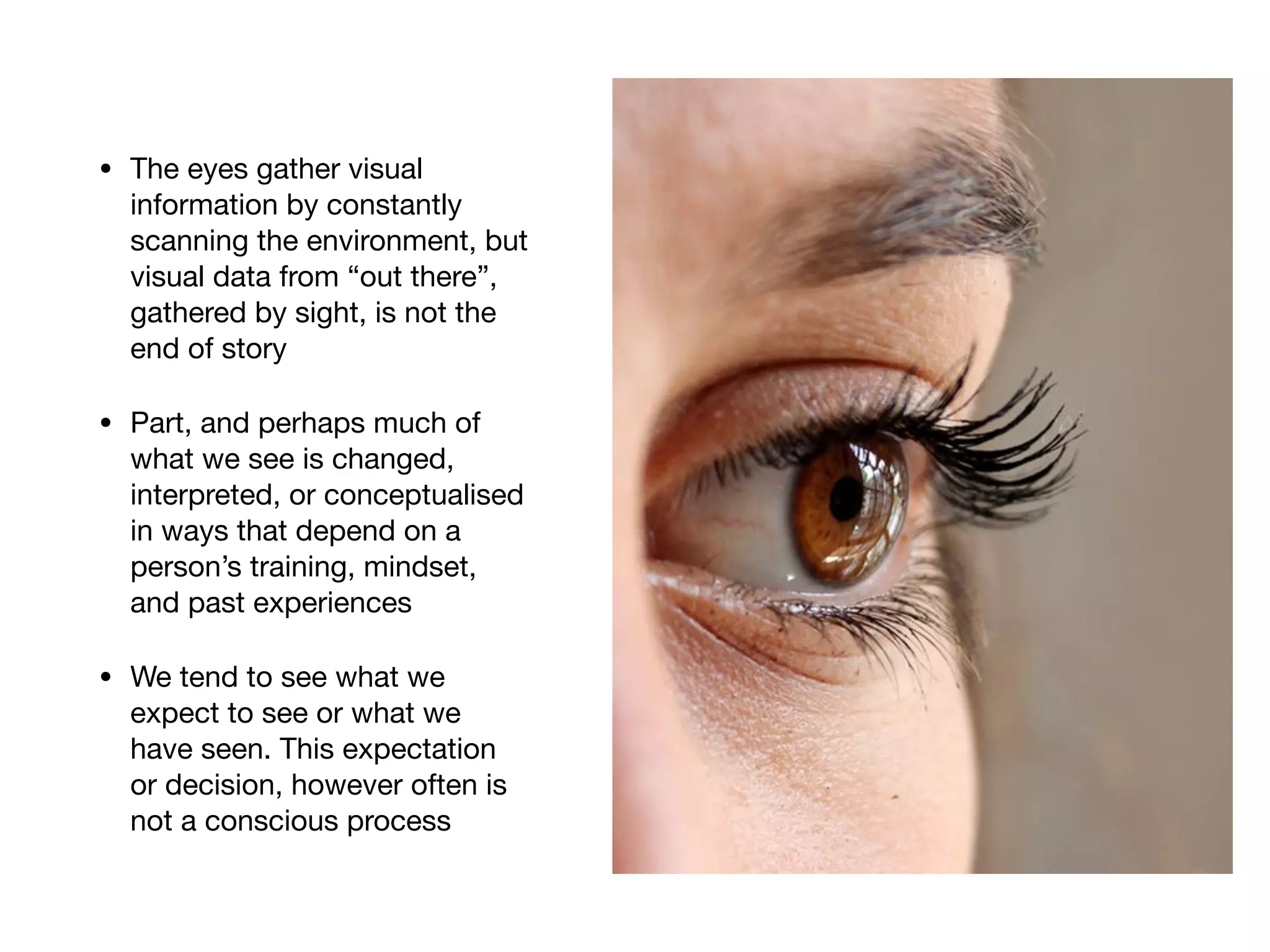 • The eyes gather visual
information by constantly
scanning the environment, but
visual data from “out there”,
gathered by sight, is not the
end of story

• Part, and perhaps much of
what we see is changed,
interpreted, or conceptualised
in ways that depend on a
person’s training, mindset,
and past experiences

• We tend to see what we
expect to see or what we
have seen. This expectation
or decision, however often is
not a conscious process
 