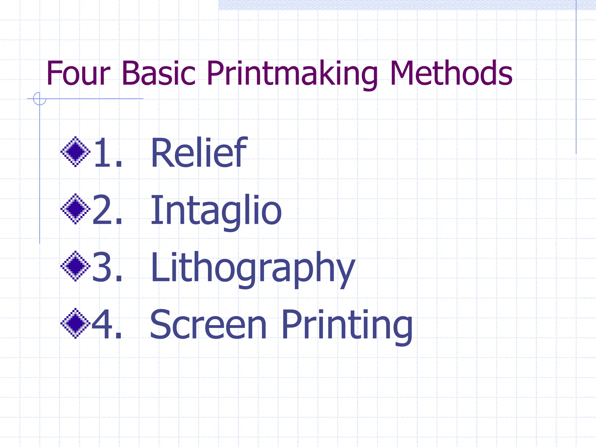 Four Basic Printmaking Methods
1. Relief
2. Intaglio
3. Lithography
4. Screen Printing
 