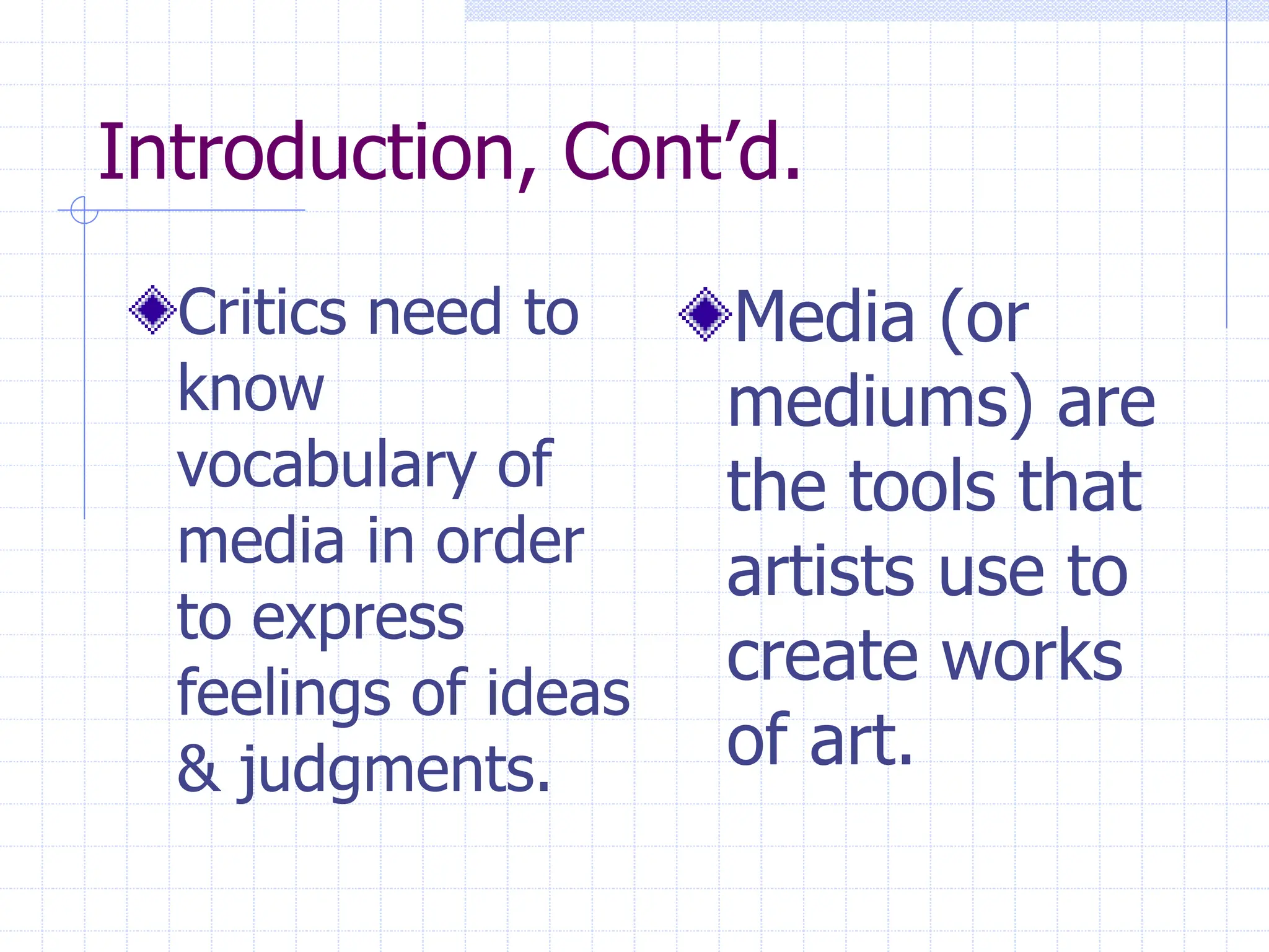 Introduction, Cont’d.
Critics need to
know
vocabulary of
media in order
to express
feelings of ideas
& judgments.
Media (or
mediums) are
the tools that
artists use to
create works
of art.
 