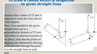 To draw a radius which is tangential
to given straight lines
Assume that a radius of 25 mm is
required to touch the lines shown
in the figures.
Draw lines parallel to the given
straight lines and at a
perpendicular distance of 25 mm
from them to intersect at points A.
As above, note that the points of
tangency are obtained by drawing
perpendiculars through the point
A to the straight lines in each
case.
109
 