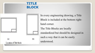 TITLE
BLOCK
In every engineering drawing, a Title
Block is included at the bottom right-
hand corner.
The Title Blocks are locally
standardized but should be designed in
such a way that it can be easily
understood.
39
 