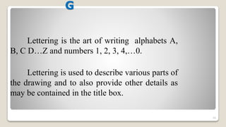 G
Lettering is the art of writing alphabets A,
B, C D…Z and numbers 1, 2, 3, 4,…0.
Lettering is used to describe various parts of
the drawing and to also provide other details as
may be contained in the title box.
66
 