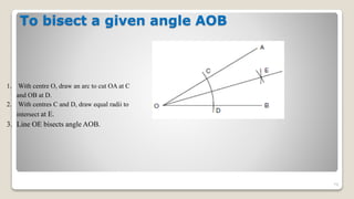 To bisect a given angle AOB
79
1. With centre O, draw an arc to cut OA at C
and OB at D.
2. With centres C and D, draw equal radii to
intersect at E.
3. Line OE bisects angle AOB.
 