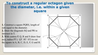 To construct a regular octagon given
the diameter, i.e. within a given
square
94
1. Construct a square PQRS, length of
side equal to the diameter.
2. Draw the diagonals SQ and PR to
intersect in T.
3. With centres P, Q, R and S draw four
arcs, radius PT ( QT RT ST) to cut
the square in A, B, C, D, E, F, G and H.
 