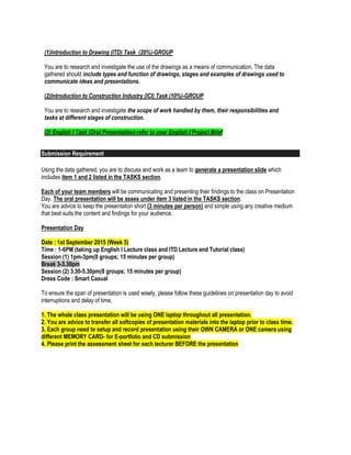 (1)Introduction to Drawing (ITD) Task (20%)-GROUP
You are to research and investigate the use of the drawings as a means of communication. The data
gathered should include types and function of drawings, stages and examples of drawings used to
communicate ideas and presentations.
(2)Introduction to Construction Industry (ICI) Task (10%)-GROUP
You are to research and investigate the scope of work handled by them, their responsibilities and
tasks at different stages of construction.
(3) English I Task (Oral Presentation)-refer to your English I Project Brief
Submission Requirement
Using the data gathered, you are to discuss and work as a team to generate a presentation slide which
includes item 1 and 2 listed in the TASKS section.
Each of your team members will be communicating and presenting their findings to the class on Presentation
Day. The oral presentation will be asses under item 3 listed in the TASKS section.
You are advice to keep the presentation short (3 minutes per person) and simple using any creative medium
that best suits the content and findings for your audience.
Presentation Day
Date : 1st September 2015 (Week 5)
Time : 1-6PM (taking up English I Lecture class and ITD Lecture and Tutorial class)
Session (1) 1pm-3pm(8 groups; 15 minutes per group)
Break 3-3.30pm
Session (2) 3.30-5.30pm(8 groups; 15 minutes per group)
Dress Code : Smart Casual
To ensure the span of presentation is used wisely, please follow these guidelines on presentation day to avoid
interruptions and delay of time.
1. The whole class presentation will be using ONE laptop throughout all presentation.
2. You are advice to transfer all softcopies of presentation materials into the laptop prior to class time.
3. Each group need to setup and record presentation using their OWN CAMERA or ONE camera using
different MEMORY CARD- for E-portfolio and CD submission
4. Please print the assessment sheet for each lecturer BEFORE the presentation
 