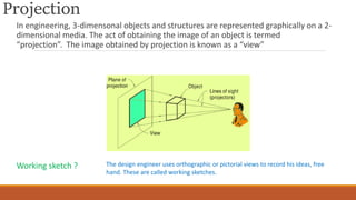Projection
In engineering, 3-dimensonal objects and structures are represented graphically on a 2-
dimensional media. The act of obtaining the image of an object is termed
“projection”. The image obtained by projection is known as a “view”
Working sketch ? The design engineer uses orthographic or pictorial views to record his ideas, free
hand. These are called working sketches.
 