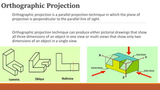 Orthographic Projection
Orthographic projection is a parallel projection technique in which the plane of
projection is perpendicular to the parallel line of sight.
Orthographic projection technique can produce either pictorial drawings that show
all three dimensions of an object in one view or multi-views that show only two
dimensions of an object in a single view.
 