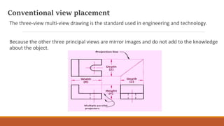 Conventional view placement
The three-view multi-view drawing is the standard used in engineering and technology.
Because the other three principal views are mirror images and do not add to the knowledge
about the object.
 