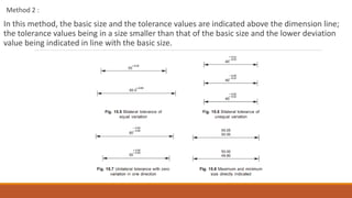 Method 2 :
In this method, the basic size and the tolerance values are indicated above the dimension line;
the tolerance values being in a size smaller than that of the basic size and the lower deviation
value being indicated in line with the basic size.
 