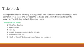Title block
An important feature on every drawing sheet. This is located at the bottom right hand
corner of every sheet and provides the technical and administrative details of the
drawing. The title box is divided into two zones.
Identification zone :
1. Title of the drawing,
2. Sheet number,
3. Scale (s),
4. Symbol, denoting the method of projection,
5. Name of the firm, and
6. Initials of the staff designed, drawn, checked and approved.
 