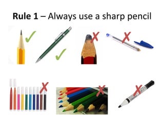 Rule	
 1	
 –	
 Always	
 use	
 a	
 sharp	
 pencil	
 	
 
✓
✓
✗	
  ✗	
 
✗	
  ✗	
  ✗	
 
 