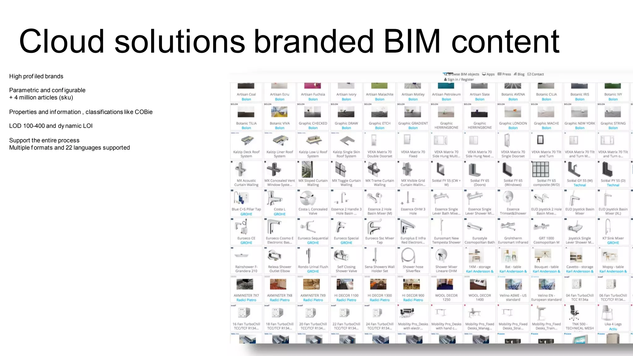 Cloud solutions branded BIM content
High prof iled brands
Parametric and conf igurable
+ 4 million articles (sku)
Properties and inf ormation , classifications like COBie
LOD 100-400 and dy namic LOI
Support the entire process
Multiple f ormats and 22 languages supported
 