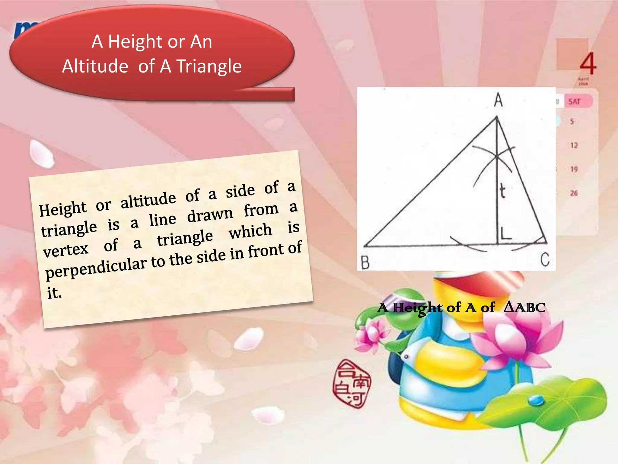 A Height or An
Altitude of A Triangle
A Height of A of ∆ABC
 
