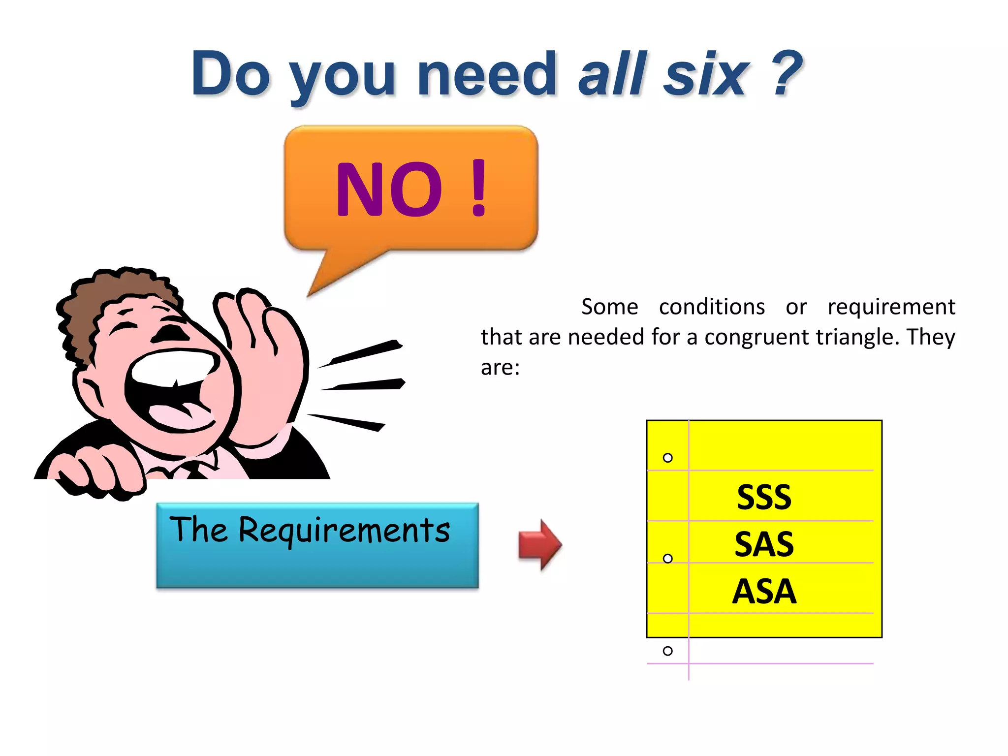 Do you need all six ?
NO !
SSS
SAS
ASA
Some conditions or requirement
that are needed for a congruent triangle. They
are:
The Requirements
 