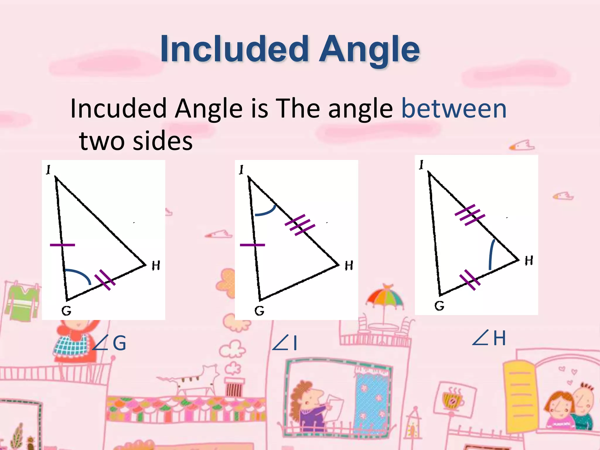 Incuded Angle is The angle between
two sides
Included Angle
G I H
 