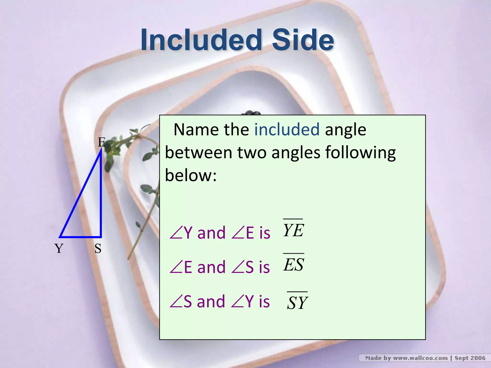 Name the included angle
between two angles following
below:
Y and E is
E and S is
S and Y is
Included Side
SY
E
YE
ES
SY
 