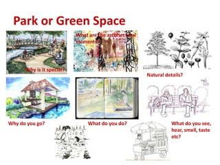 Park or Green Space
Why is it special?
What are the architectural
elements?
Natural details?
What do you see,
hear, smell, taste
etc?
What do you do?Why do you go?
 