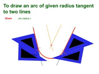 To draw an arc of given radius tangent
to two lines
Given arc radius r
T.P.1
T.P.2
 